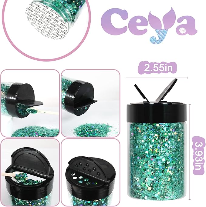 Ceya Holographic Chunky Glitter, 4.9oz/ 140g Spring Green Craft Glitter Powder Mixed Chunky & Fine Flakes Iridescent Nail Sequins for Nail, Hair, Epoxy Resin, Tumblers, Slime, Painting, Festival Decor
