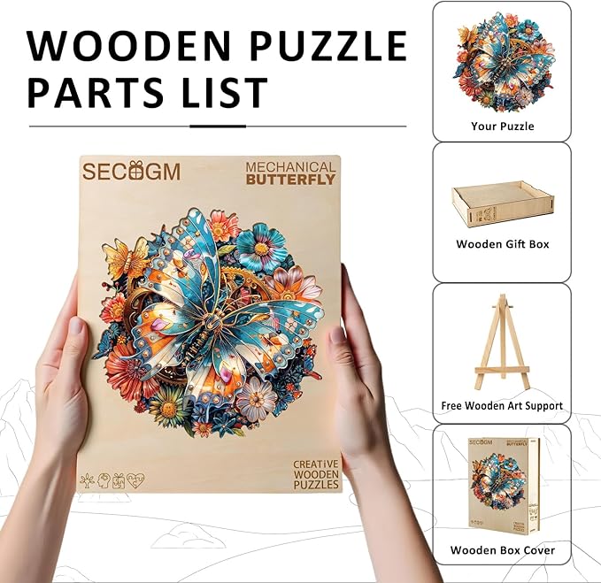 Wooden Puzzles for Adults - Mechanical Butterfly Wood Puzzles Adult - Unique Animal Shape Wooden Jigsaw Puzzles for Adults - Birthday Gifts for Puzzle Lovers, Family (13.3 * 13.3in)