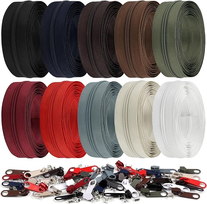 DOITEM 31 Yards 10 PCS Sewing Zippers #3 Nylon Coil Zippers Assorted Zipper for Sewing with 40 Zipper Sliders for DIY Tailor Sewing Crafts Supplies, 10 Colors