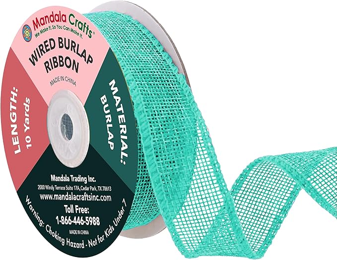 Mandala Crafts Turquoise Burlap Wired Ribbon 1 Inches Wide Jute Ribbons for Crafts - 10 Yds Roll Rustic Burlap Wrap Trim Ribbons for Wreaths Bows Party Decoration