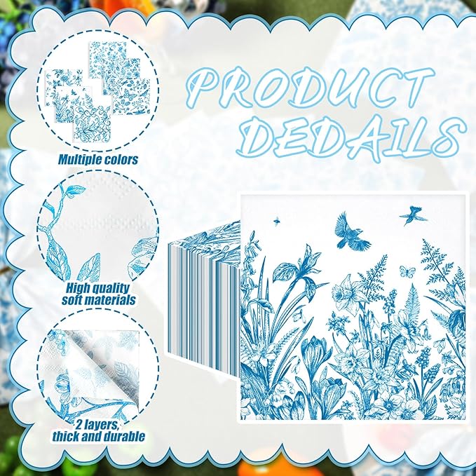 150 Pcs Blue Floral Cocktail Napkins 10 x 10 Inch 6 Styles Assorted Blue Flower Paper Disposable Napkins for Decoupage Home and Kitchen Bridal Baby Shower Tea Party Garden Party Birthday