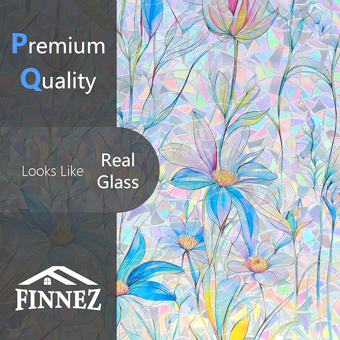 FINNEZ Window Privacy Film Stain Glass Film Flowers Rainbow Window Film Window Clings Non-Adhesive Reusable Decorative for Home（Blue Lotus，17.5 Inch x 13.1 Feet）