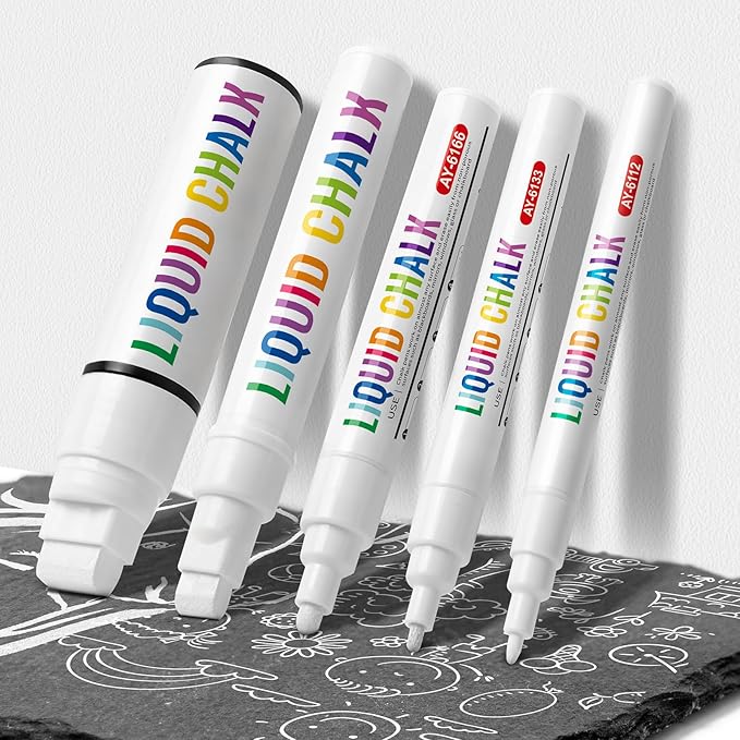 IJIANG Window Chalk Markers Pens, White Liquid Chalk Marker 5 Nib Sizes for Car Windows Glass Mirror Blackboard Signs, Erasable, Dust-Free, Non-Toxic