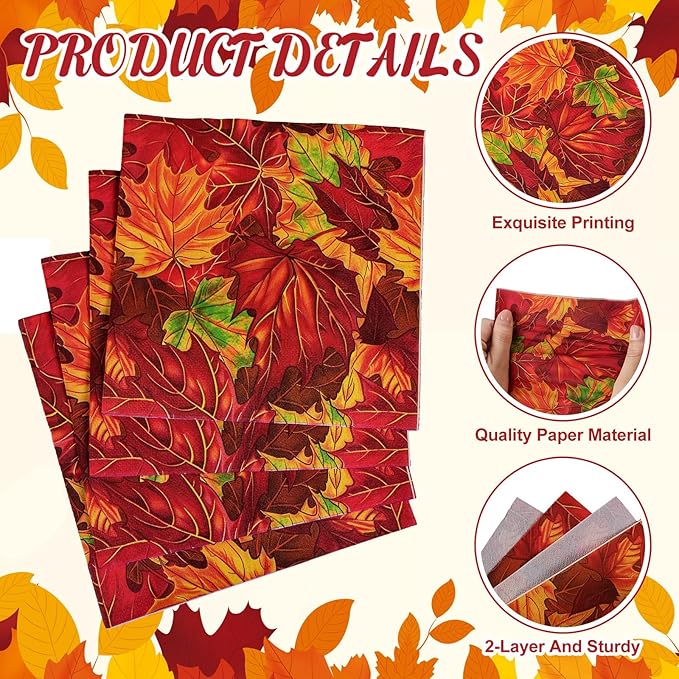 60 Pcs Maple Leaf Cocktail Paper Napkins 6.5 x 6.5 Inches Disposable Paper Napkins Dessert Beverage Napkin for Decoupage Luncheon Napkin for Party Wedding Birthday Party
