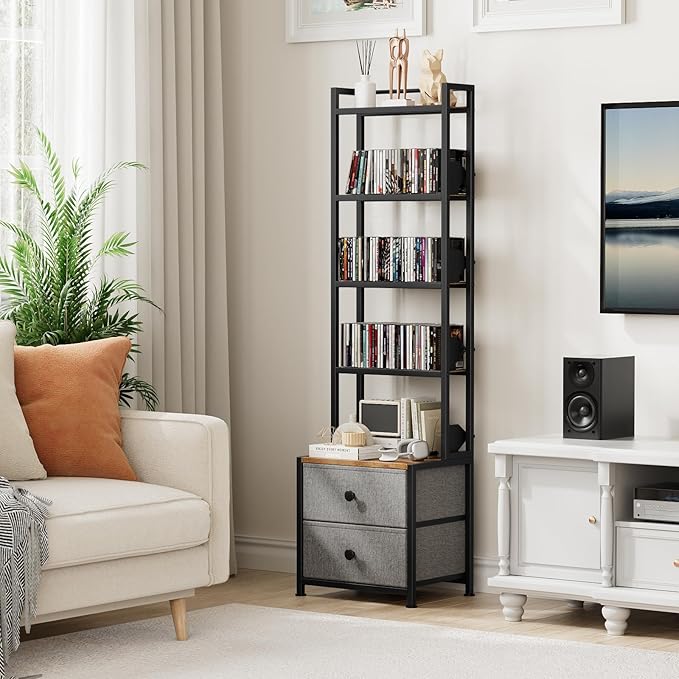 CD Storage Rack with Drawer, 5-Tier DVD Organizer Shelf w/Adjustable Book Stoppers, Media Storage Rack for CD/DVD, Books & Games, Ideal for Living Room & Home Office – 15.7x11.8x56.5Inches