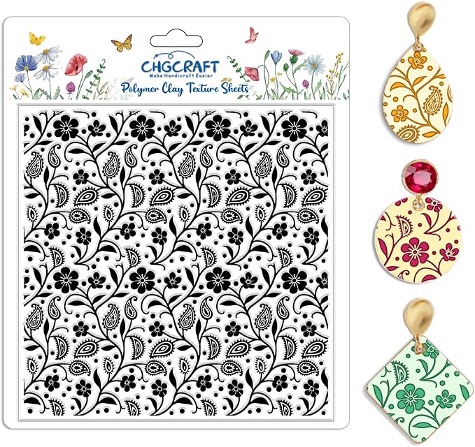 CHGCRAFT Paisley Pattern Polymer Clay Texture Sheet Vines Vintage Flowers Silicone Texture Mat for Polymer Clay Making Earrings Jewelry DIY Crafts 5.5 × 5.5 Inch