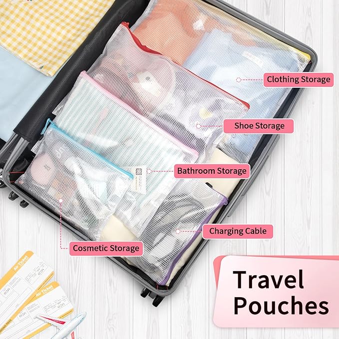 Umriox Zipper Bags, 6 Assorted Size (6 Colors, 12 Packs), Project Bags for Cross Stitch, Mesh Zipper Pouch for Office Supplies Travel Accessories and Board Games Storage