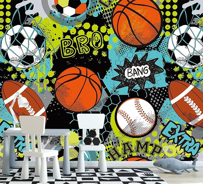 AFZEVEB-Colorful Graffiti Wallpaper Hand-Painted Ball Wall murals for Kids Room 136"x96"(Not Peel and Stick)