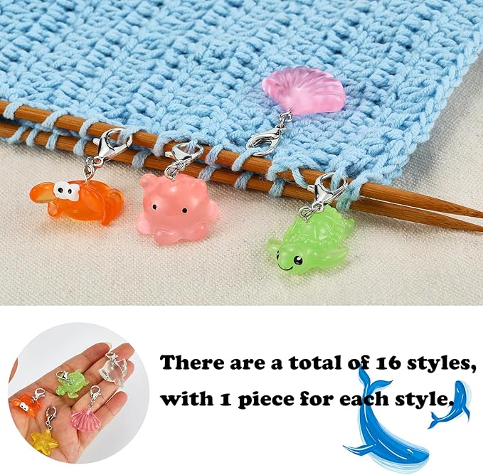 BEEFLYING 16Pcs Marine Animal Stitch Marker Charms for Crocheting and Knitting, Resin Crochet Knit Stitch Marker Pendant with Lobster Clasp for Knitting Crocheting Sewing Accessories