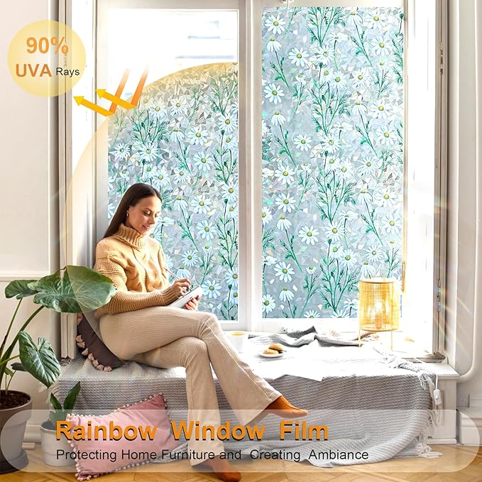 Window Privacy Film Stain Glass Window Film Rainbow Window Film Window clings Non-Adhesive Reusable Decorative for Room (Daisy Rainbow, 17.5 x 78.7 in)