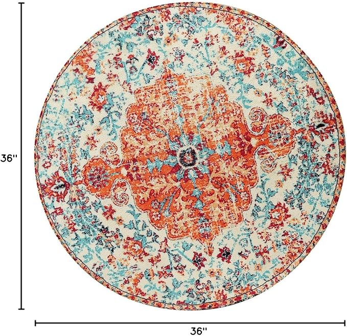 Lahome Bohemian Floral Medallion Round Rug - 3Ft Oriental Distressed Small Round Area Rug Vintage Washable Entryway Foyer Mat Non-Slip Non-Shedding Low-Pile Sofa Bathroom Carpet, Orange/Multi