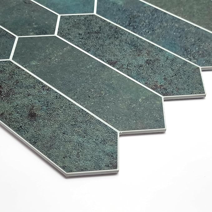 SUNWINGS Backsplash Tile for Kitchen Peel and Stick, Stone Composite Self Adhesive Tiles Faux Marble Pattern Long Hexagon Mosaic Wall Tile for Kitchen, 12 Inch x 11.22 Inch 10 Sheets Green