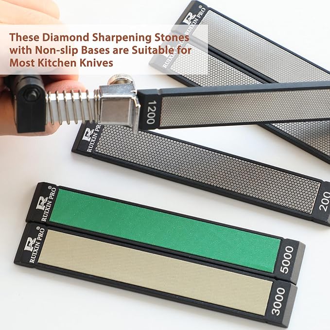 RUIXIN PRO 8 Pcs Diamond Knife Sharpening Stones for RUIXIN PRO RX-008 RX-009 Knife Sharpener Fixed - Angle Kit, Professional Whetstone Set With Base: 200/400/800/1200/3000/5000/7500/10000 Grit