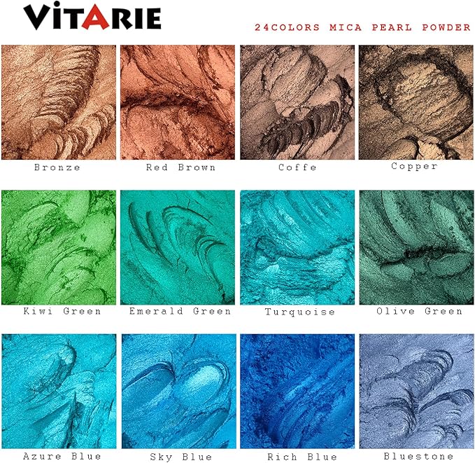 Mica Powder for Lip Gloss, Nails, Epoxy Resin, Soap Making, Bath Bombs, Art Crafts, 24 Colors, 10ml (0.11oz) Each, Neat Jar Set
