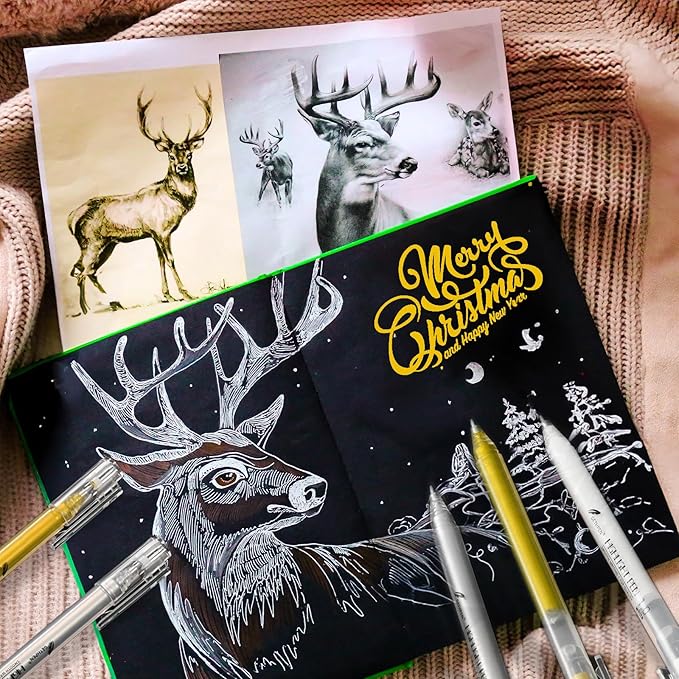 Gold Silver White Gel Pens, 1mm Fine Point Gel Ink Pen Opaque Archival Ink Pens for Black Paper Drawing, Sketching, Illustration, Card Making, Bullet Journaling, 6 Pack