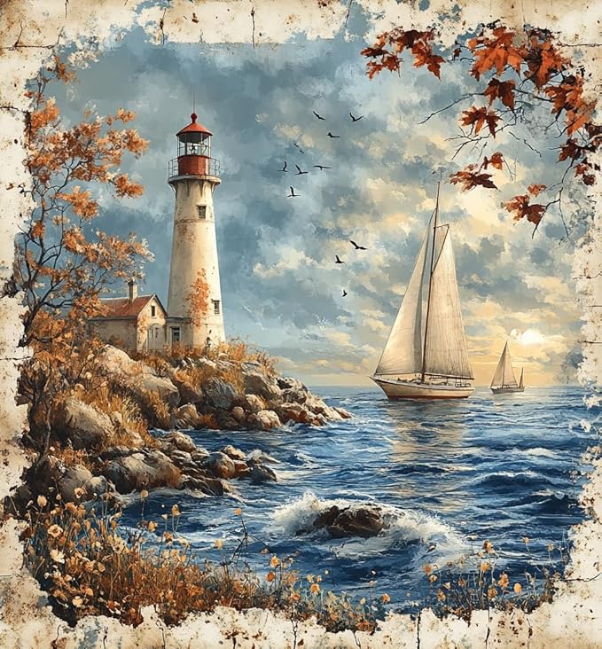 Moohue 14ct Counted Cross Stitch Kits for Adults Seaside Tower Boat Printed Stamped Cross Stitch Patterns Kits Cross Stitch Supplies (Seaside Tower Boat)