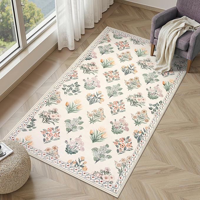 Wonnitar Floral Machine Washable 3x5 Rug, Small Area Rug for Kids Bedroom Nursery, Ultra-Thin Non Slip Soft Moroccan Throw Carpet for Dorm Living Room Large Entryway, Cream Beige