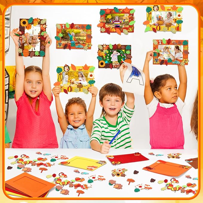 Ferraycle 232 Pcs Fall DIY Picture Frames Craft Kit Thanksgiving Felt Photo Frames with Leaves Pumpkin Harvest Crafts with Foam Stickers for Autumn Party Favor(Multi Color,Classical)