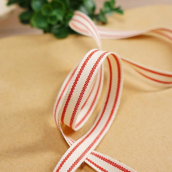 CT CRAFT LLC Ivory Cotton Red Stripes Ribbon 3/8" x 10 Yards for Home Décor Gift Present Wrapping DIY Crafts Birthday Wedding Bouquet Christmas