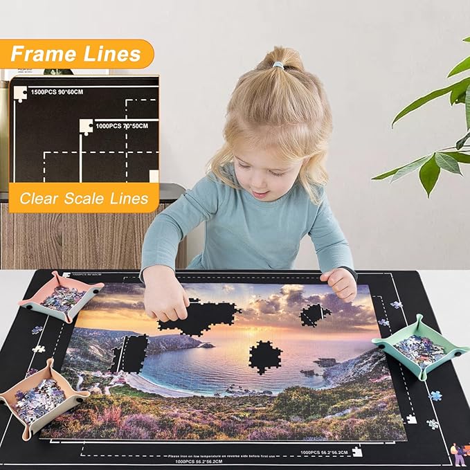 Napzy Rubber Puzzle Mat,Puzzle Matt Rollup,1500 Piece Puzzles Play Mat Has 6PCS Leather Puzzles Sorting Trays,41'' * 25'' Portable Jigsaw Keeper,Jigsaw Saver Board Roll Up with Storage Bag,Gift Box