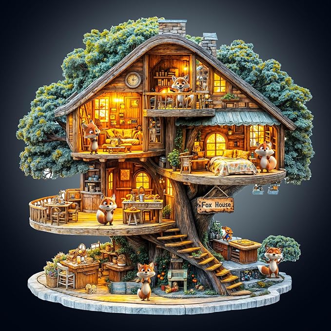 WOODBESTS Wooden Puzzles for Adults (270 Piece, L, 13.4 * 13.4in) Fox House Wood Puzzle Adult, Unique Wooden Animal Jigsaw Puzzles, Family Game and Birthday Gifts for Friend
