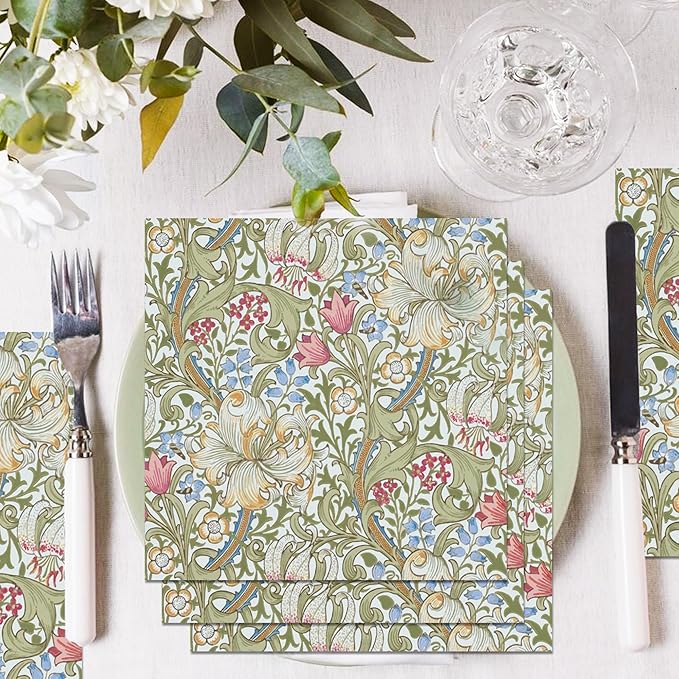 William Morris Party Napkins, 40PCS Greenery Floral Paper Napkins Disposable, Golden Lily White Green Wildflowers Party Supplies for Wedding Bridal Shower Theme Birthday Party Decorations 6.5 Inch