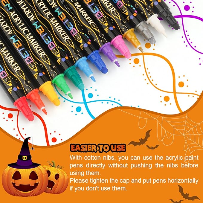Betem 12 Colors Dual Tip Acrylic Paint Pens Markers, Premium Acrylic Paint Pens for Halloween Decorations, Wood, Canvas, Stone, Rock Painting, Glass, Ceramic Surfaces, Pumpkin Painting Kit DIY Crafts