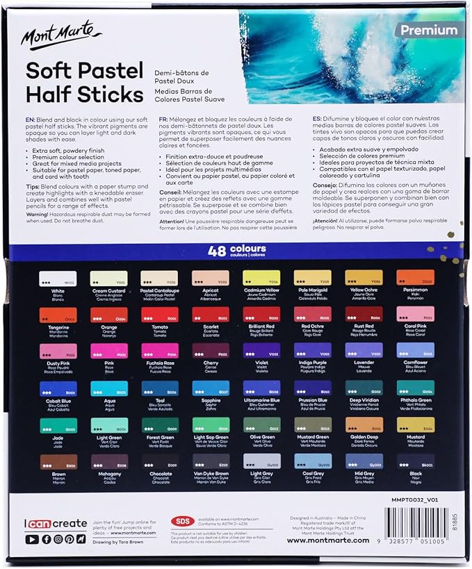 Mont Marte Soft Pastel Half Sticks 72pc, Pastels Art Supplies, Artist Quality Pastels, Extra Soft and Smooth Texture, Ideal for Professional Level Artwork