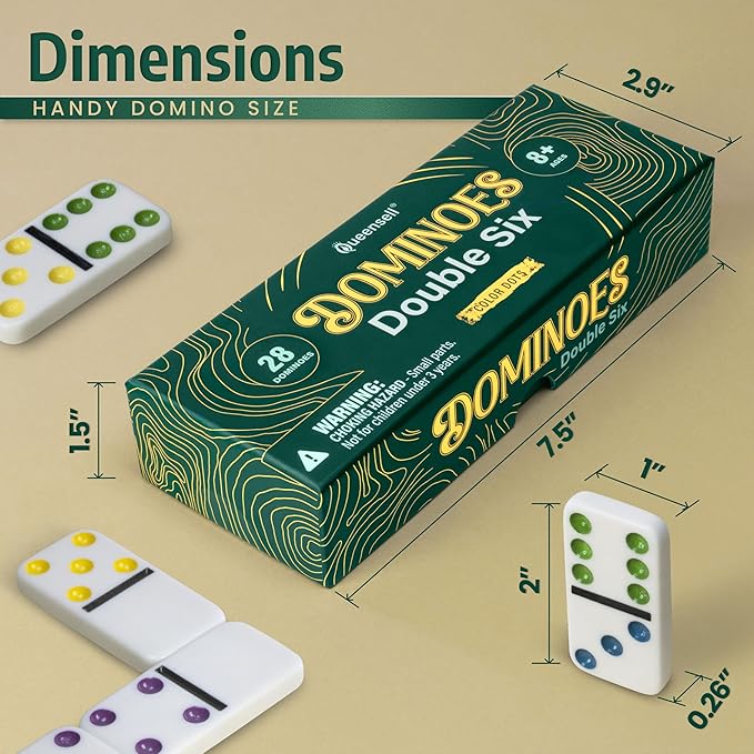 Queensell Dominos Set for Adults with Colored Dots - Double 6 Dominoes Set is a Classic Board Games for Kids and Adults - Double Six Standard Dominos Set 28 Tiles