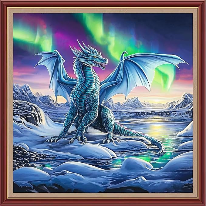 DMCXART Counted Cross Stitch Kits for Adults Needlepoint Kits Unprinted Cross Stitching Embroidery Kit 11CT Cross Stitch Supplies-Northern Lights Snow Dragon 18x18 inch
