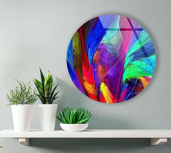 My Photostation.com 31.5''(80cm) Diameter Neon Colors Abstract Round Glass Wall Art Tempered Glass Printing Wall Decor Large Wall Art Wall Hangings