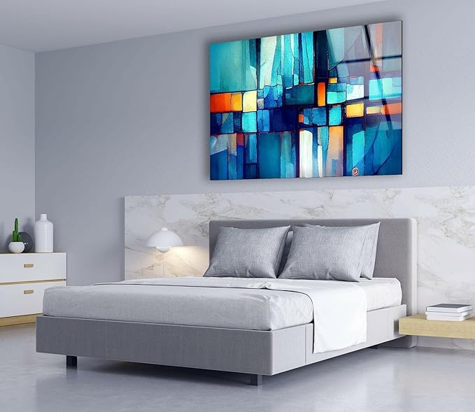 My Photostation.com 30Wx24H'' Blue Vibrant Stained Glass Wall ArtTempered Glass Printing Wall Decor Large Wall Art Wall Hangings