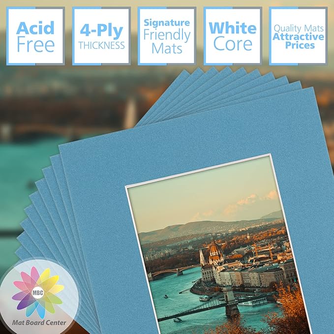 Mat Board Center, Pack of 10, 8x10 for 5x7 Dynamic Blue Color Mats - Bevel Cut, Acid Free, 4-ply Thickness, White Core - for Pictures, Photos, Framing