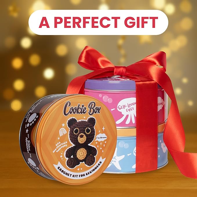 Cookie Box Crochet Kit for Beginners – Gift Set to Make Bear Bruno Amigurumi Plushie – Easy DIY Crochet & Knitting Starter Kit with Video and PDF Tutorials