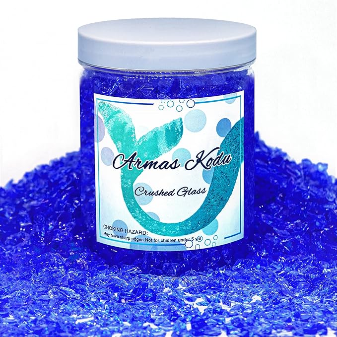 Crushed Glass for Resin Art - 3-6mm Ocean Blue, 1.5lb | Broken Glass Pieces for Crafts, Vase Filler & Fire Pit Media | Decorative Stones