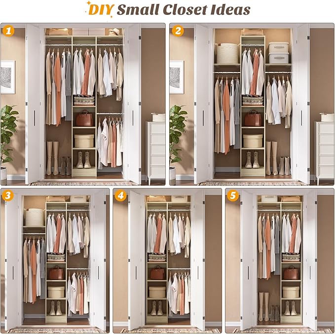 48" Small Closet Organizer, 4FT Small Closet System with 4 Closet Rods & 3 Shelves, 80"H Small Closet Organizers and Storage for Small Bedooms, Cloakrooms, Laundry Rooms, White Oak