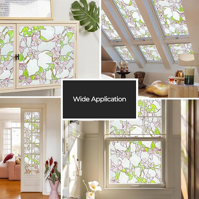 3D Stained Glass Window Film, Decorative Window Privacy Film for Bathroom,Front Door,Home, Sun Blocking Heat Control,Static Cling,23.6inch x 35.4inch Pink sprigs
