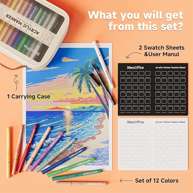 MemOffice Direct Liquid Acrylic Paint Markers, 12 Colors Brush Tip Pens with Carrying Case, No Bleed, Waterproof, for Rock, Wood, Canvas, Glass, Fabric, DIY Crafts for Adults & Kids