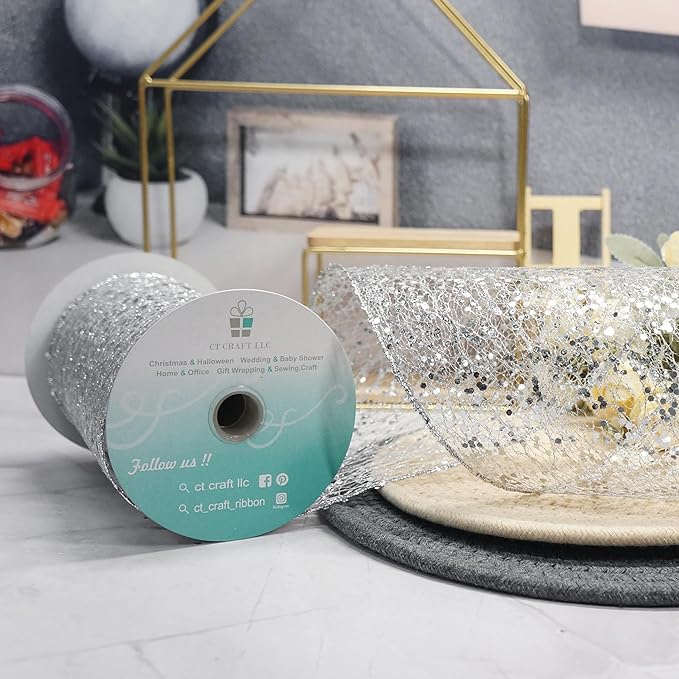 CT CRAFT LLC Sparkling Glitter Mesh Wired Ribbon 6" x 10 Yards Silver for Christmas Home Decor Bow Gift Wrapping DIY Crafts Wreath