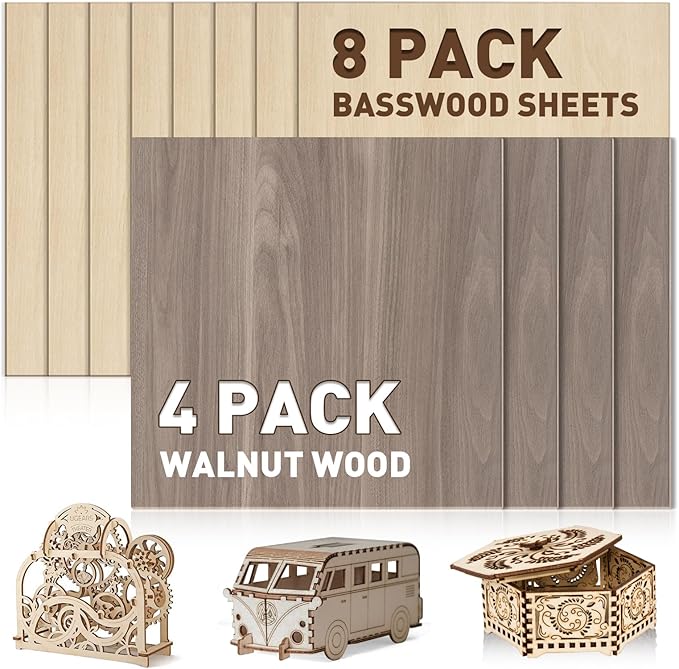 12 Pack 3mm Plywood Sheets Set for Crafts,Contains 4 Pack Walnut and 8 Pack Basswood Sheets.12x12x1/8 Inch Unfinished Wood for Laser Cutting & Engraving, Wood Burning, Architectural Models.
