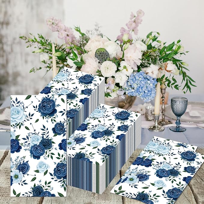 60 Pack 3 Styles Floral Napkins-Blue Party Supplies Vintage Flower Paper Napkins Tea Party Decorations for Birthday,Baby Shower, 12.9 * 15.7 inch