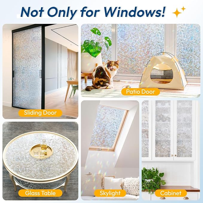 rabbitgoo Rainbow Window Privacy Film Decorative Stained Glass Diamond Pattern Window Sticker with Iridescent Tint Non-Adhesive Static Cling for Home Office Crystal Pattern, 17.5 x78.7 inch