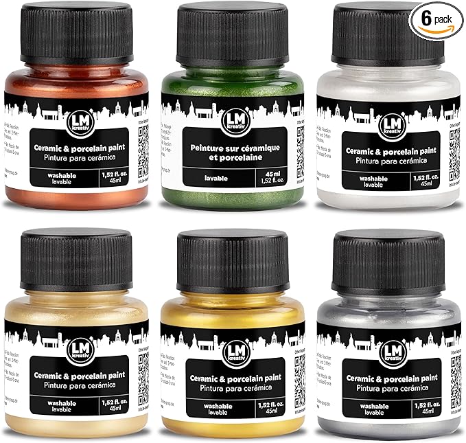 Ceramic and Porcelain Paint Set 6 x 1.52 fl oz - Metallic Magic – Dishwasher Safe – Perfect for Mug, Tile & Creative DIY Projects