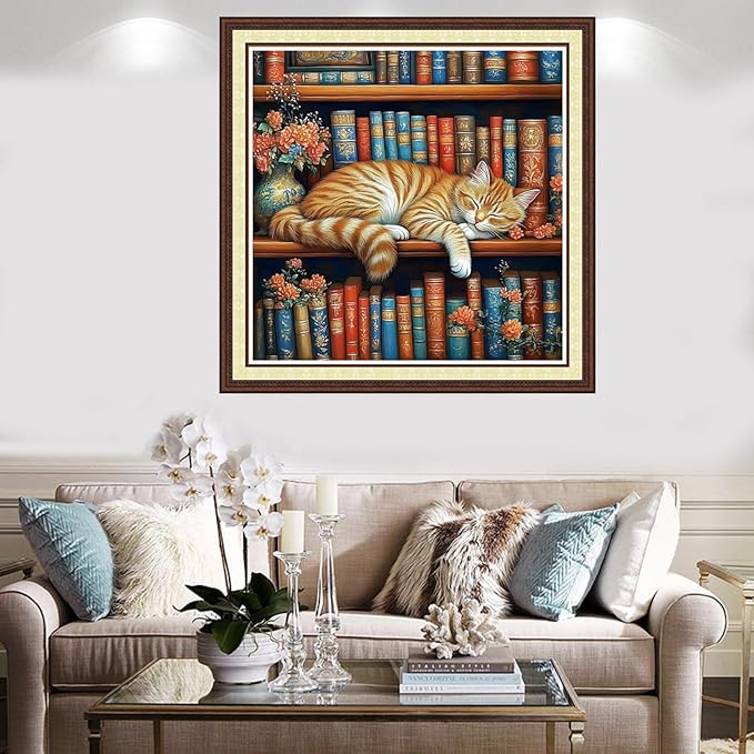 Findvoor Counted Cross Stitch Kits for Adults Full Range of Cross Stitching Embroidery Unprinted Pattern for Beginners, 11CT Needlepoint Kit Patterns Embroidery Kits-Cat Sleeping Bookshelf 18x18 inch
