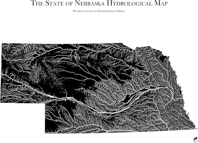 Muir Way Hydrological River Map of Nebraska - Watershed Topographic Wall Art for Home, Office, or Travel Decor - Unframed Flat Paper Print, 24x30