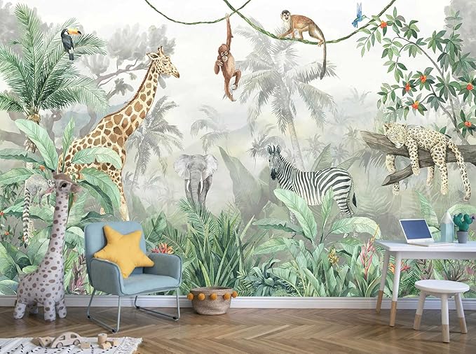 Kids Wallpaper Tropical Leves and Safari Animals Wall Mural for Wall Bedroom Living Room TV Background Sofa Wall（Not Peel and Stick）
