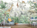Kids Wallpaper Tropical Leves and Safari Animals Wall Mural for Wall Bedroom Living Room TV Background Sofa Wall（Not Peel and Stick）