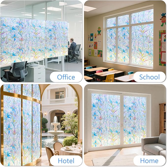 FINNEZ Window Privacy Film Stain Glass Film Flowers Rainbow Window Film Window Clings Non-Adhesive Reusable Decorative for Home（Blue Lotus，17.5 Inch x 6.5 Feet）