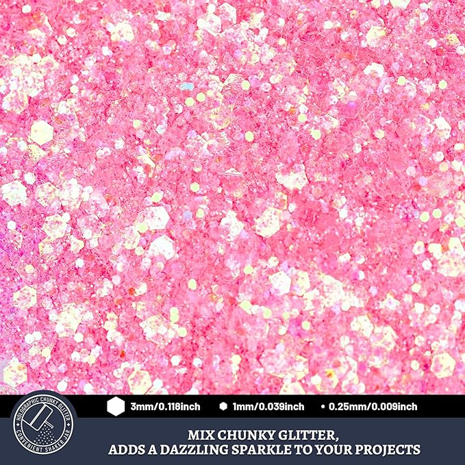 LEOBRO Pink Glitter, 160g/5.64oz Pink Chunky Glitter for Crafts, Resin, Body Nail, DIY Decorations, Iridescent Pink