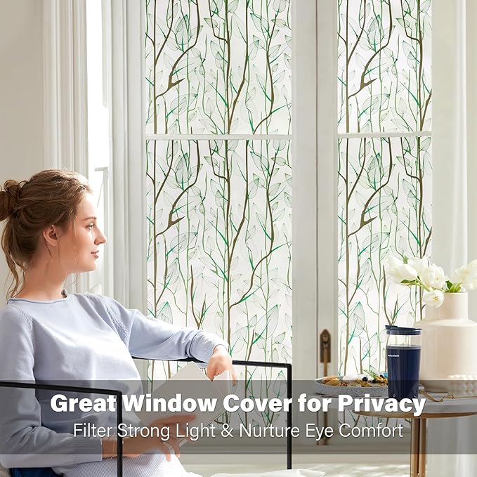 Donox Frosted Glass Window Film Heat Control UV Blocking, Static Cling Reusable Home Bathroom Door Window Privacy Film, Green Leaf Pattern Window Covering with Installation Tool, 35.4 in x 6.5 feet